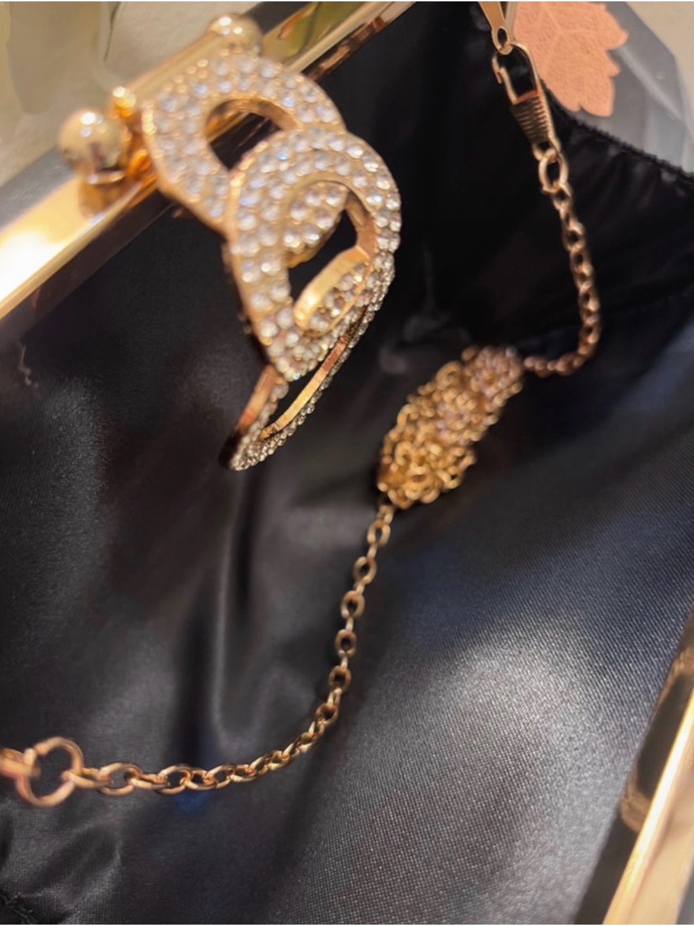 Black Evening Clutch with Gold Crystal Ring Accent - Picture 6 of 8